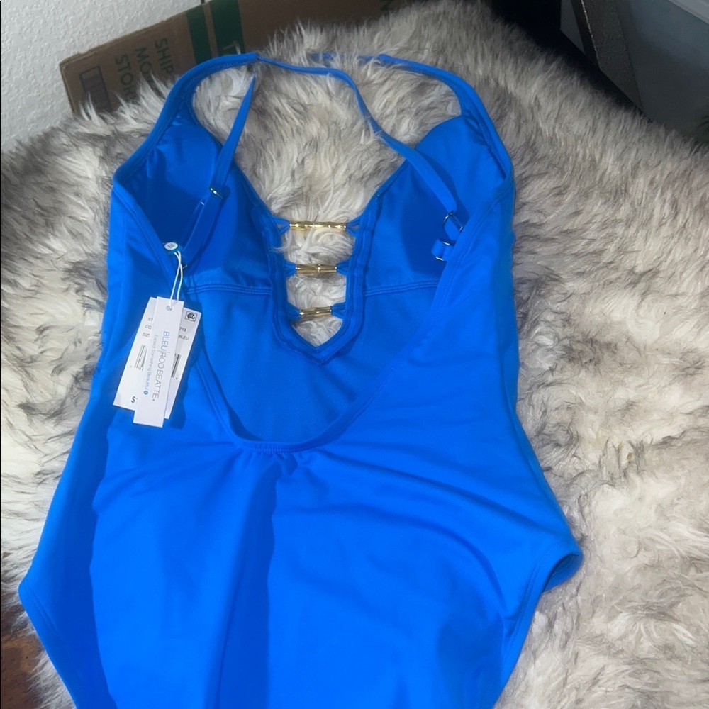 Bleu Rod Beattie swimsuit 6 royal blue one piece plunge Lace Down deepV - Picture 3 of 7